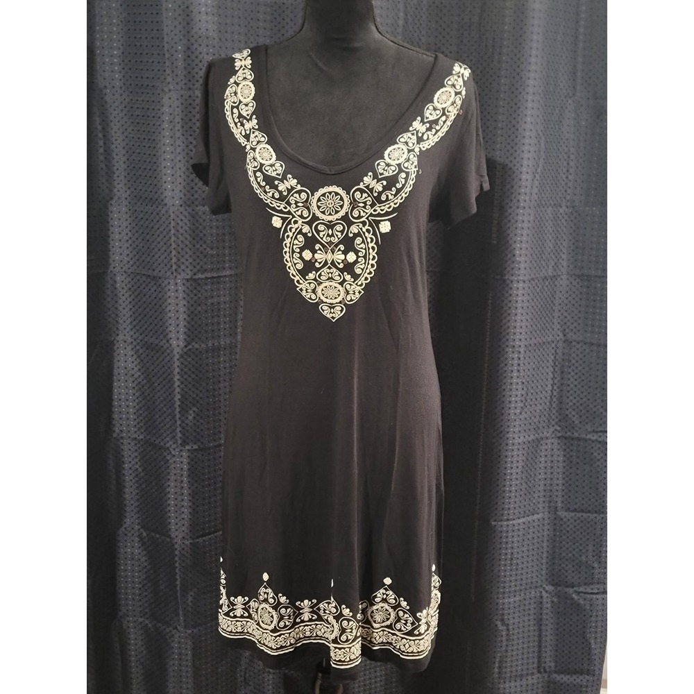 Black White Medallion Print V-Neck Short Sleeve T-Shirt Mini Dress Boho Casual - Picture 1 of 6